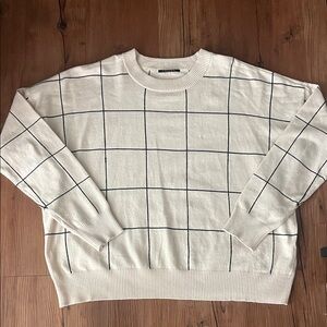 T Tahari Cream and Black Grid Crewneck Sweater